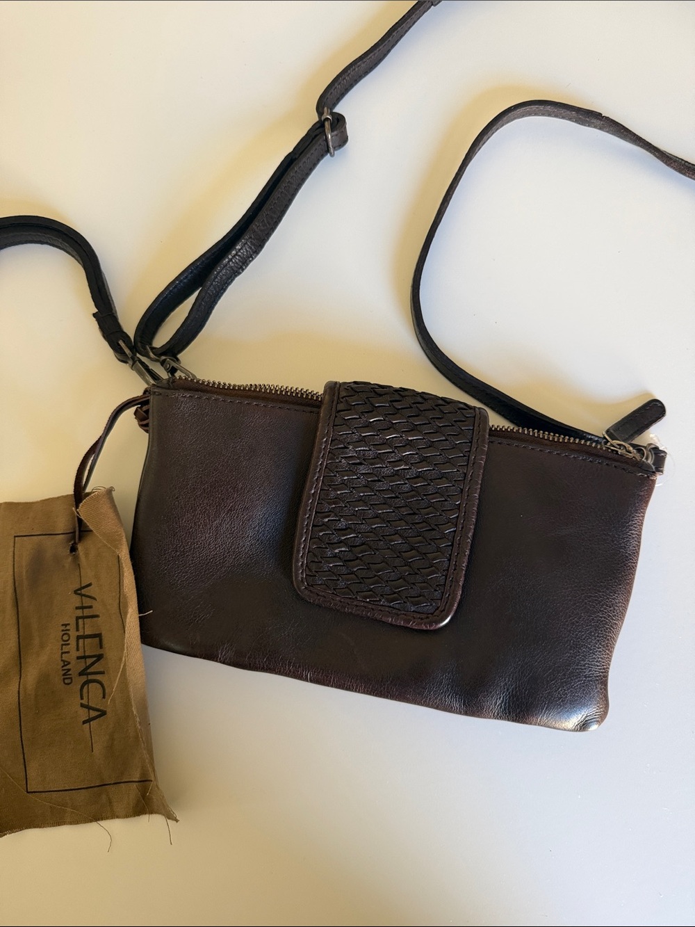 Vilenca Dark Brown Woven Flap Leather Crossbody